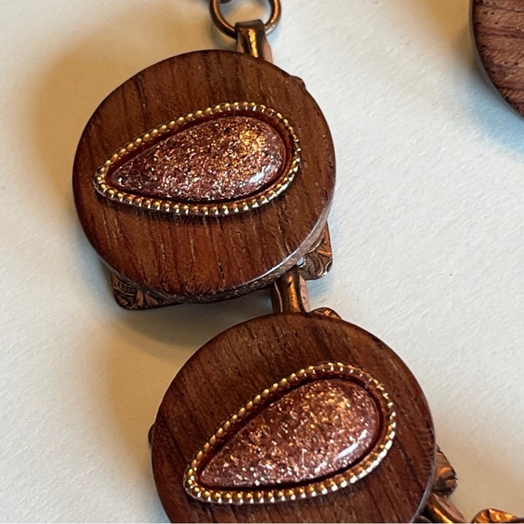 Elegant Vintage Copper, Wood, & Goldstone Necklace & Earring Set - Picture 5 of 8
